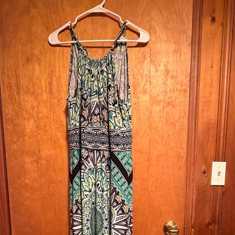 London Style Sleeveless Maxi Dress in Teal, Mint & Black Print